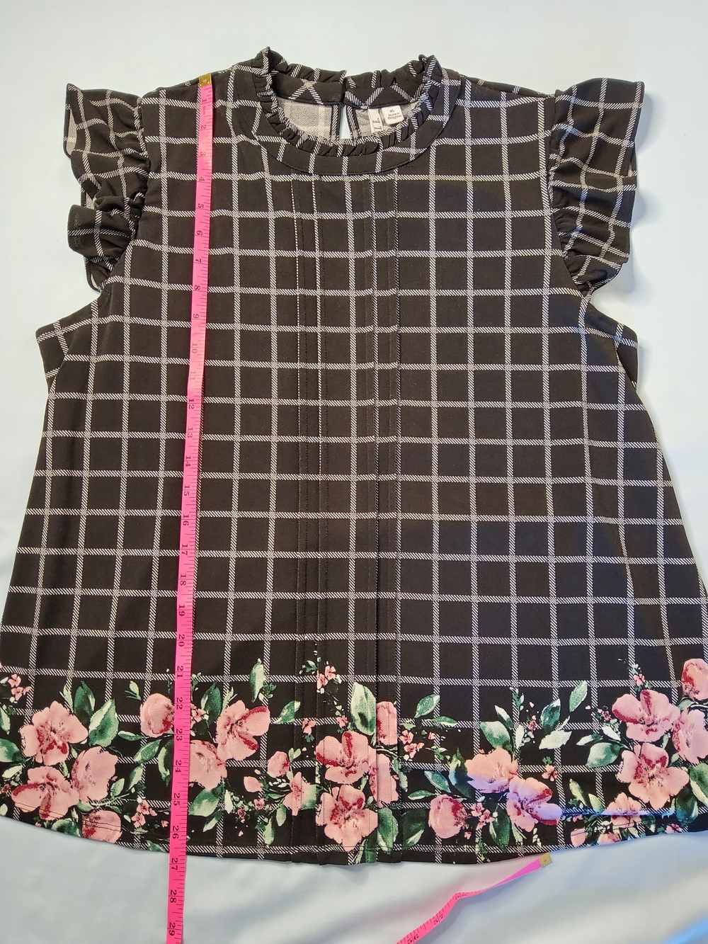 Elle Black Windowpane Blouse with Pink Floral Hem - Picture 3 of 7